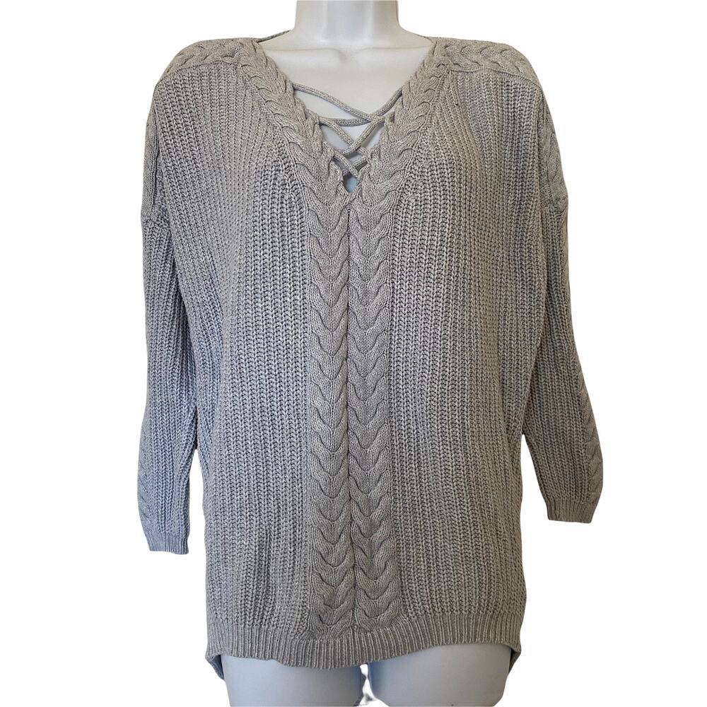 Onehart Long Sleeve Pullover Cable Knit Sweater 100% Cotton Oversized Gray XS